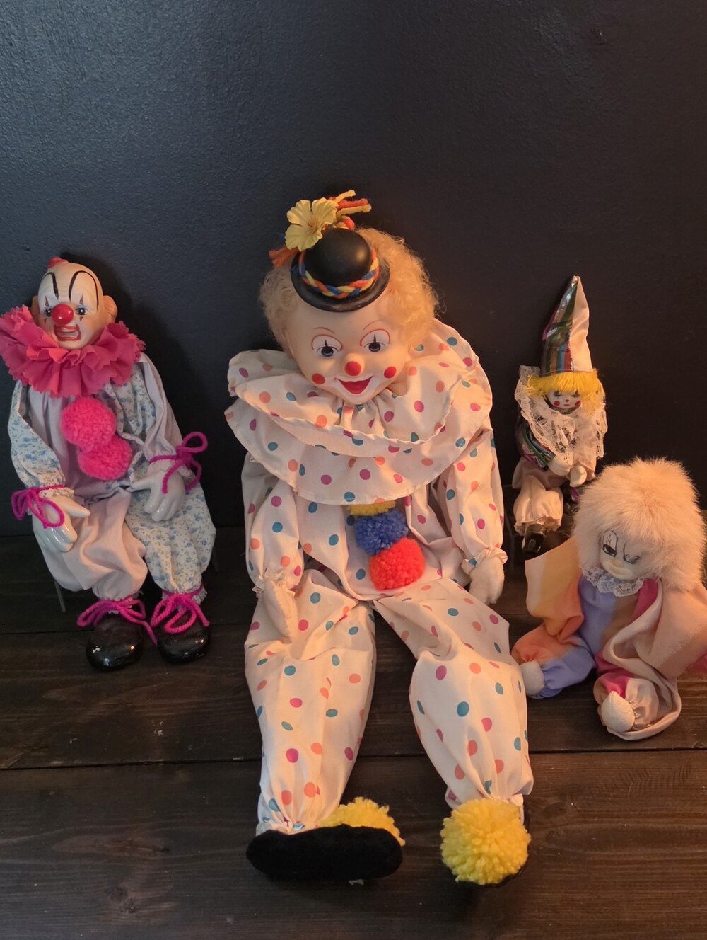 Vtg Clown Doll Lot of 4 Porcelain Face Soft Body Jester Circus Core Harlequin